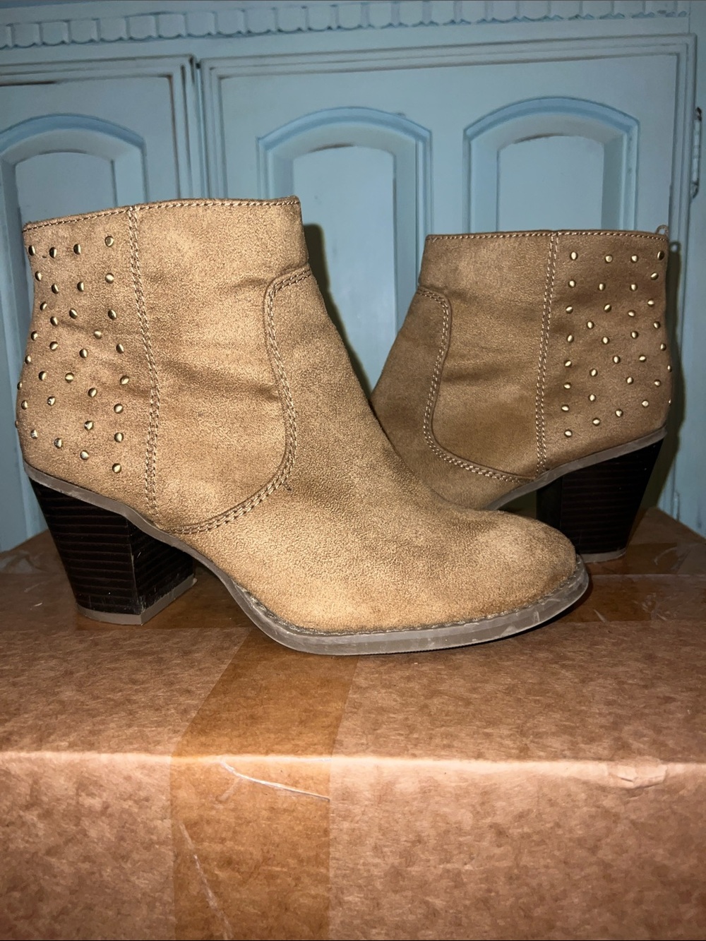 Old Navy Tan Suede Ankle Booties with Stud Detail